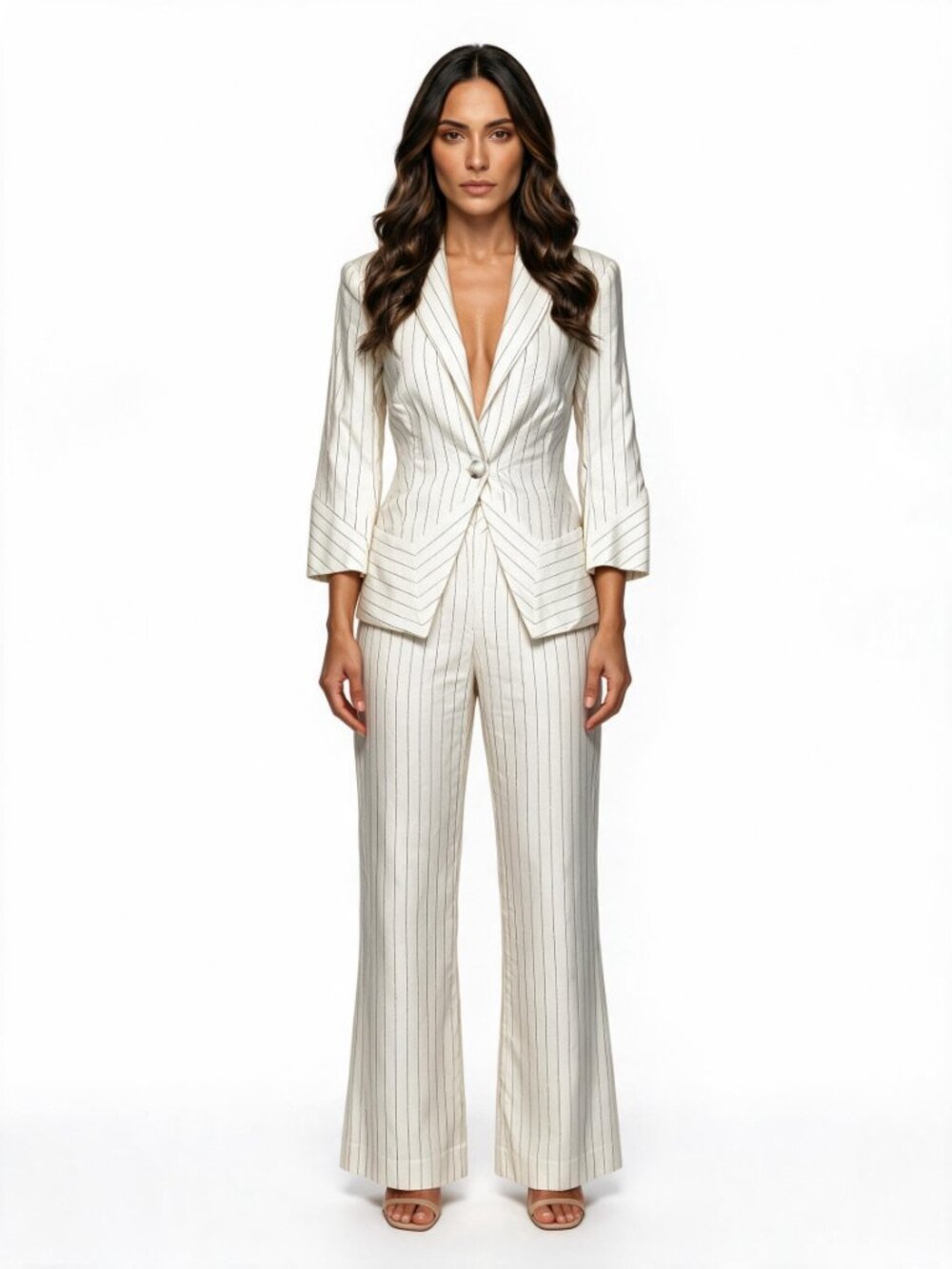 Bebe Tailored White Pinstripe Suit, Cropped Blazer, Shoulder Pads, Lined, 4 & 0